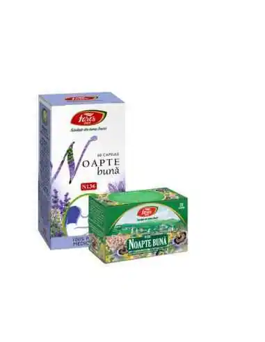 Pachet Noapte buna 30 capsule + Ceai Noapte buna 20 plicuri Gratuit Fares, Insomnie