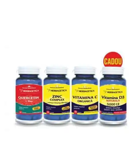 Pachet QUERCETIN + ZINC 30 CPS + ZINC COMPLEX 30 CPS + Vitamina C organica 30 CPS + Vitamina D3 30 CPS GRATUIT Herbagetica, REME