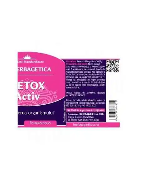 Detox Activ 60 +10 capsule GRATIS Herbagetica, Slabire