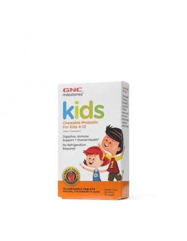 Gnc Milestones Kids Chewable Probiotic, Probiotice Masticabile Pentru Copii 4-12 Ani, Cu Aroma Naturala De Capsuni, 30 Tb