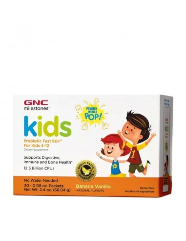 Gnc Milestones Kids Microbio Complex Fast Stix, Probiotice Pentru Copii 4+ Ani Cu Aroma De Vanilie Si Banane, 30 Plicuri