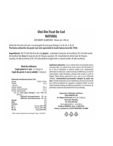 Cod Liver Oil Natural 240 ml Lysi - Plantilia