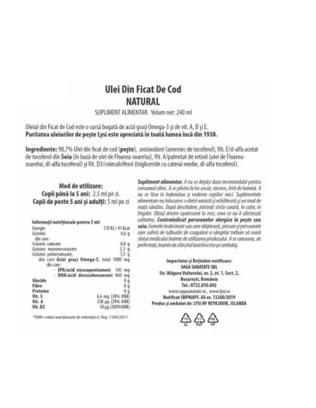 Cod Liver Oil Natural 240 ml Lysi - Plantilia