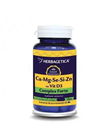 Ca + Mg + Se + Si + Zn cu D3 - Complex Forte 120 capsule Herbagetica, VITAMINE SI MINERALE