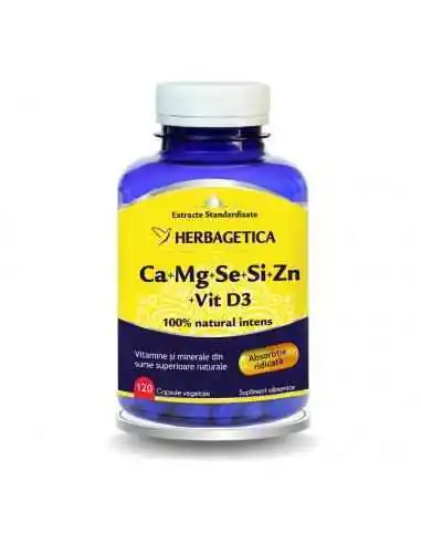 Ca + Mg + Se + Si + Zn cu D3 - Complex Forte 120 capsule Herbagetica, VITAMINE SI MINERALE