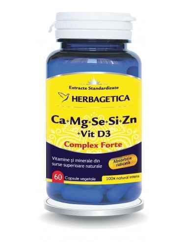Ca + Mg + Se + Si + Zn cu D3-Complex Forte 60 capsule Herbagetica
Reduce oboseala, menține sănătatea sistemului nervos, susține 